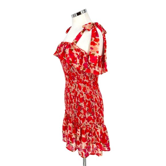 TCEC Red Pink Floral Smocked Mini Dress Ruffle Hem Tie Straps Size Large - Picture 6 of 12